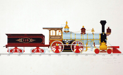 Poster - Colorful locomotive on the rails on the white background - from a 19th century engraving