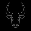 Stencil of stylized bull outline on black background. Line art. Stencil art. Linear drawing.