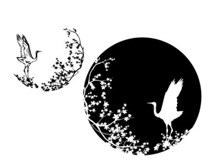 Wall Mural - japanese crane standing among sakura blossom branches - elegant asian bird black and white vector ci