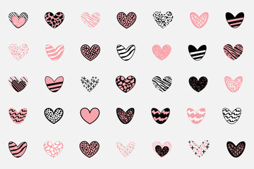 Set of textured hearts in white, pink and black colors with texture by leopard isolated on white. Vector illustration