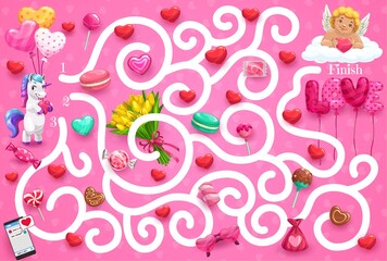 Aufkleber - Kids maze game Valentines day theme, help cute unicorn find way to cupid. Vector labyrinth puzzle, child board game. Task with tangled path and angel on cloud. Educational children preschool riddle