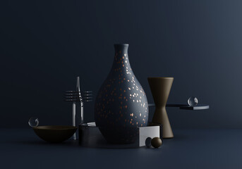 Poster - contemporary modern absract composition in dark blue tones with terrazzo and glass. trendy 3d redner background