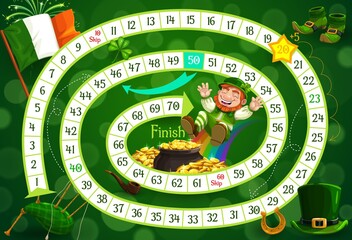 Poster - Kids board game vector template, Saint Patricks step boardgame. Spiral block path, numbers, start and cartoon Leprechaun Character with gold on finish, educational children riddle, preschool activity