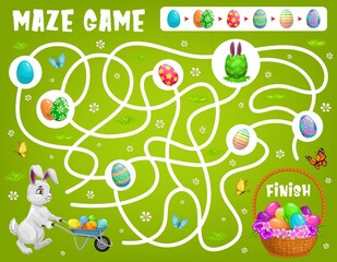 Aufkleber - Kids maze game help Easter rabbit choose right path to get eggs. Vector labyrinth puzzle, find correct way board game. Task with tangled path and bunny. Educational children riddle, preschool activity