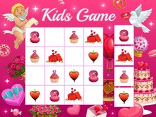 Kids Game Vector Riddle For Valentines Day With Cartoon Cupid Characters, Gift, Sweets, Ring On Chequered Board. Educational Task, Children Crossword Teaser For Sparetime Leisure Recreation, Boardgame