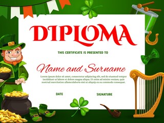 Wall Mural - Education kids school diploma vector template with St Patricks day Leprechaun, pot of gold, harp and lucky clover. Kindergarten certificate with golden horseshoe, drum and top hat, cartoon award frame