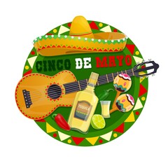 Canvas Print - Cinco de Mayo round vector icon with traditional mexican symbols sombrero hat, guitar and tequila with lime and glass shot. Maracas, red and green hot chili japapeno pepper cartoon Cinco de Mayo badge