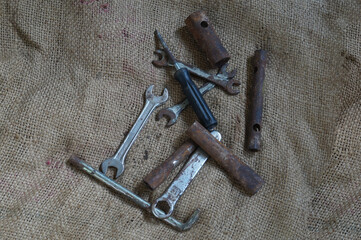 Set of Old rusted Mechanical tools.