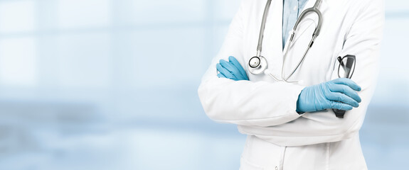 Female Doctor with crossed hands over grey background. Impersonal no face. Medical banner. Copy space. Book appointment or checkup time reminder. Doctors advice