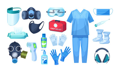 Medical personal protective equipment set. Safety medical respiratory mask, industrial safety mask, equipment from viral infection coronavirus, uniform, sanitizer, thermometer, first aid kit