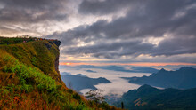 Phu Chifa Mountain With Fog And Cloudy Sky At Chiang Rai Province, Thailand