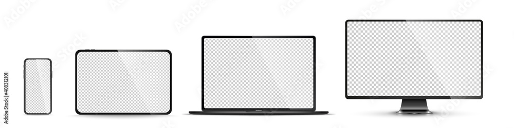 Realistic set of monitor, laptop, tablet, smartphone - PNG. Vector illustration - obrazy, fototapety, plakaty 