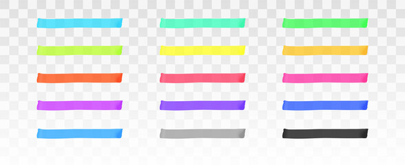 Aufkleber - Color highlighter lines set isolated on transparent background. Red, yellow, pink, green, blue, purple, gray, black marker pen highlight underline strokes. Vector hand drawn graphic stylish element