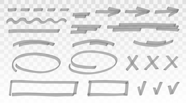 Grey highlighter set - lines, arrows, crosses, check, oval, rectangle isolated on transparent background. Marker pen highlight underline strokes. Vector hand drawn graphic stylish element