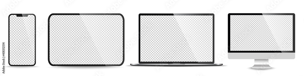 Device screen mockup. Smartphone, tablet, laptop and monoblock monitor, with blank screen for you design. PNG. Vector illustration - obrazy, fototapety, plakaty 