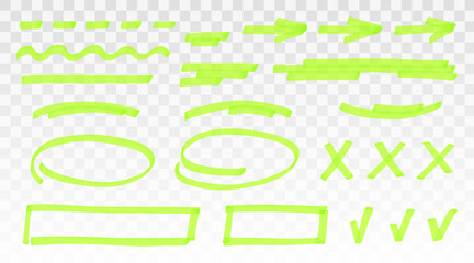 Aufkleber - Green highlighter set - lines, arrows, crosses, check, oval, rectangle isolated on transparent background. Marker pen highlight underline strokes. Vector hand drawn graphic stylish element