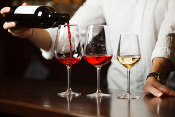 Wall Mural - Sommelier pouring different types of fine wine