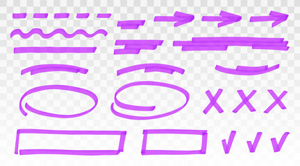 Fototapete - Purple highlighter set - lines, arrows, crosses, check, oval, rectangle isolated on transparent background. Marker pen highlight underline strokes. Vector hand drawn graphic stylish element