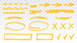 Yellow highlighter set - lines, arrows, crosses, check, oval, rectangle isolated on transparent background. Marker pen highlight underline strokes. Vector hand drawn graphic stylish element