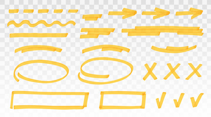 Aufkleber - Yellow highlighter set - lines, arrows, crosses, check, oval, rectangle isolated on transparent background. Marker pen highlight underline strokes. Vector hand drawn graphic stylish element
