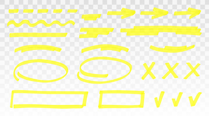 Yellow highlighter set - lines, arrows, crosses, check, oval, rectangle isolated on transparent background. Marker pen highlight underline strokes. Vector hand drawn graphic stylish element