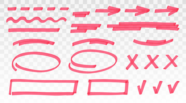 Red highlighter set - lines, arrows, crosses, check, oval, rectangle isolated on transparent background. Marker pen highlight underline strokes. Vector hand drawn graphic stylish element