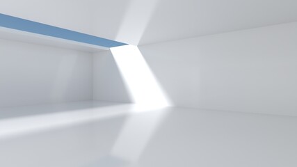 Poster - Empty room with white walls and openings on the ceiling overlooking the sky. There was a beam of light in the room. Showroom concept and warehouse. 3d rendering