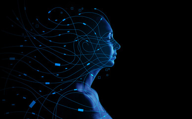 Portrait of young woman on dark background. Concept of computer science