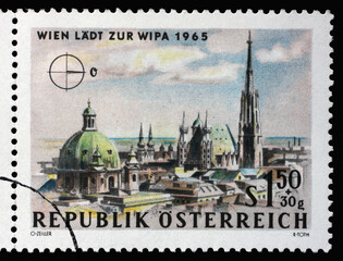 Wall Mural - Stamp printed in Austria, is dedicated to the Vienna International Philatelic Exhibition, shows St. Peter's Church and St. Stephen's Cathedral, Vienna, circa 1964