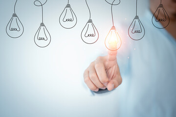 Poster - businessman touching to drawing lightbulb which glowing.it is creative thinking idea and innovation 