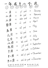 Hand Writing Of 12 Months In A Year.Chinese Word With Pinyin