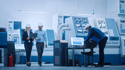Poster - Female Chief Engineer and Male Project Manager Walk Through Modern Factory, Talking and Planning Optimization of the Production. Industrial Facility: Professionals Working on CNC Machinery, Robot arm
