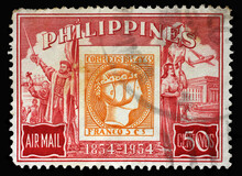 Stamp Printed In Philippines Issued On The Occasion Of The 100th Anniversary Of Philippine Stamp, Circa 1954