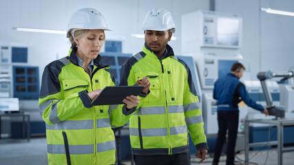 Aufkleber - Chief Engineer and Project Supervisor in Safety Vests and Hard Hats Walk Through Modern Factory, Talking, Optimizing Production. Industrial Facility: Professionals Use Machinery.