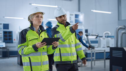 Aufkleber - Chief Engineer and Project Supervisor in Safety Vests and Hard Hats Walk Through Modern Factory, Talking, Optimizing Production. Industrial Facility: Professionals Use Machinery.
