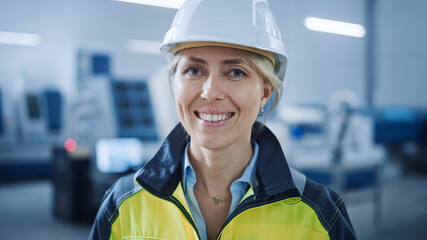 Poster - Portrait of Beautiful Smiling on Camera Female Engineer in Safety Vest and Hardhat. Professional Woman Working in the Modern Manufacturing Factory. Facility with CNC Machinery Robot arm