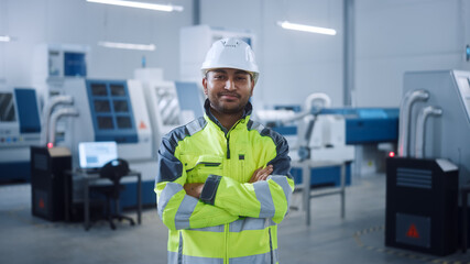 Poster - Portrait of Handsome Indian Engineer Wearing Safety Vest and Hardhat Smiles with Crossed Arms. Professional Man Working in the Modern Manufacturing Factory. Facility with CNC Machinery and robot arm
