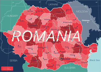 Poster - Romania country detailed editable map with regions cities and towns, roads and railways, geographic sites. Vector EPS-10 file