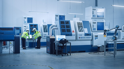 Aufkleber - Chief Engineer and Project Manager Wearing Safety Vests and Hard Hats Work on Computer, Talk, Optimize Production Line. On Foreground: industry 4.0 Modern Factory with CNC Machinery and robot arm
