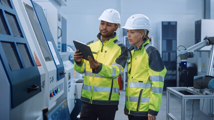 Poster - Chief Engineer and Project Manager Wearing Safety Vests and Hard Hats, Use Digital Tablet Computer in Modern Factory, Talking, Optimizing CNC Machinery, Programming Machine for Increasing Efficiency