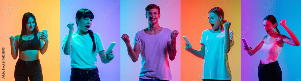 Celebrating. Portrait of young cheerful people on neon gradient background. Flyer, art collage made of 5 models. Concept of human emotions, facial expression, sales, ad. Scrolling phone, listening - obrazy, fototapety, plakaty 