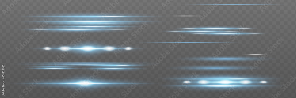 Blue horizontal lens flares pack. Laser beams, horizont - obrazy, fototapety, plakaty 