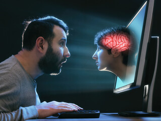 A woman's head as a metaphor for artificial intelligence peeks out of a laptop screen.