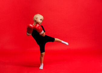 Wall Mural - a little boy boxer stands in boxing gloves and makes a lunge with his foot on a red background with a place for text