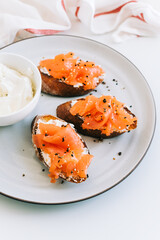 Delicious toast sandwich with salmon and cheese cream on a white plate.