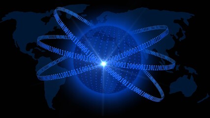 Poster - Abstract digital earth encircled by binary code lines on blurred world map background - global communication network concept - 3D Illustration