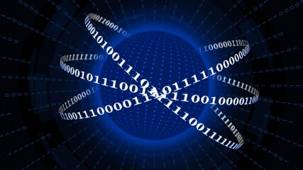 Poster - Abstract digital earth encircled by binary code lines with binary rays and blurred hud elements on background - global communication network concept - 3D Illustration