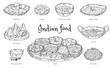 © sabelskaya - Set of indian food icons in hand engraved style vector illustration isolated.