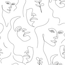 Vector Seamless Pattern. Continuous Line Art With Woman Face, Leaves. Linear Nature Background. Use For Package, Cosmetics, Decor. Fashion Concept, Feminine Beauty Minimalist