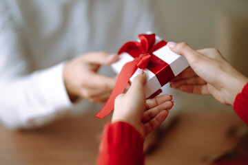 Wall Mural - Exchange of gifts.  Young couple in love offering gift to each other for valentine day or birthday. Romantic day. Winter holidays.